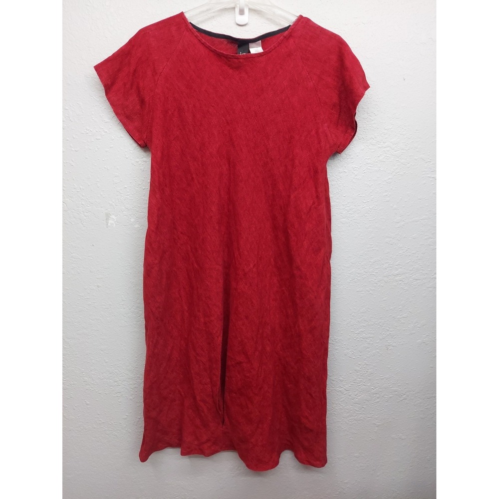 IGOR Dobranic Linen Dress Women Small 38/40 Red Ingress Short Sleeve Maxi Sheath